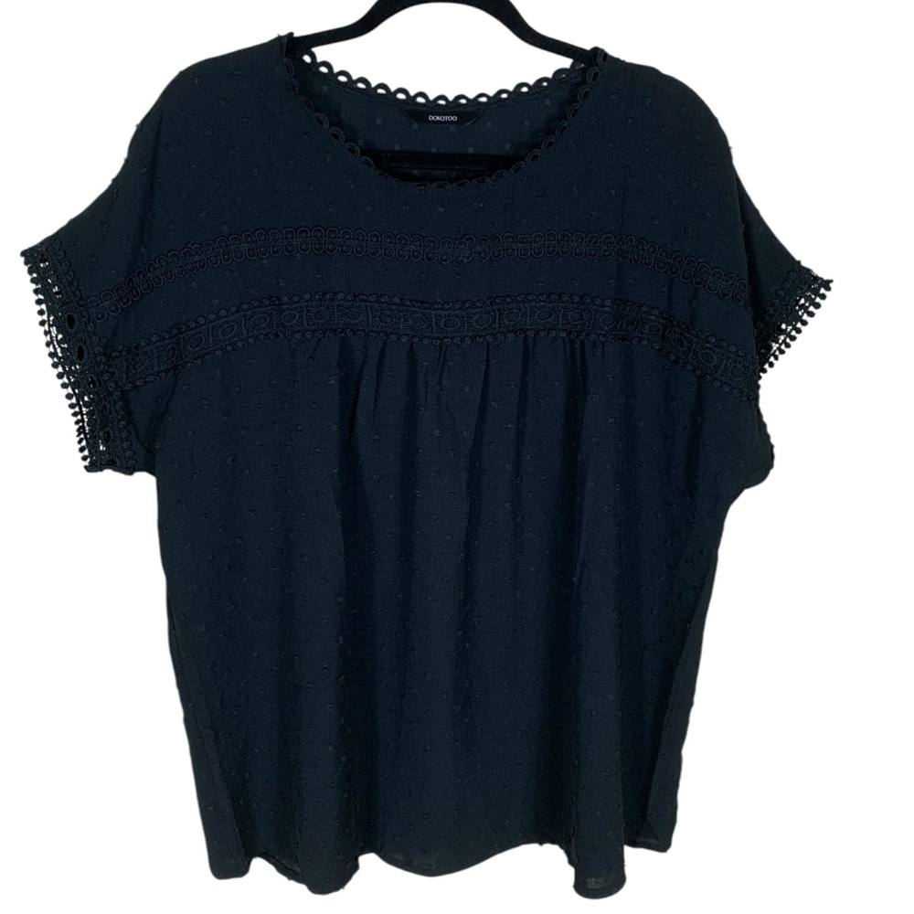 Dokotoo Black Swiss Dot Lace Trim Short Sleeve Button Back Top Size 2XL